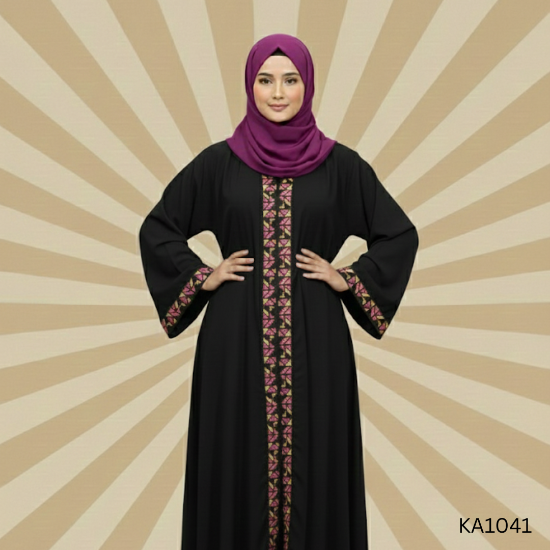 Haya Black Abaya with Shocking Pink Lace | Elegant Upper Style Pure Nada Abaya for Semi-Formal Wear
