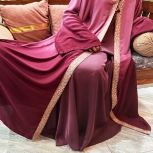 Zahra Dual Upper Abaya for Women | Double Shaded Maroon & Tea Pink Georgette Abaya with Lace Detailing | Elegant Front Open Casual Wear (Without Inner)