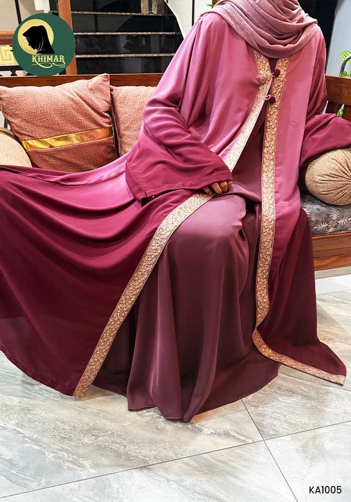 Zahra Dual Upper Abaya for Women | Double Shaded Maroon & Tea Pink Georgette Abaya with Lace Detailing | Elegant Front Open Casual Wear (Without Inner)