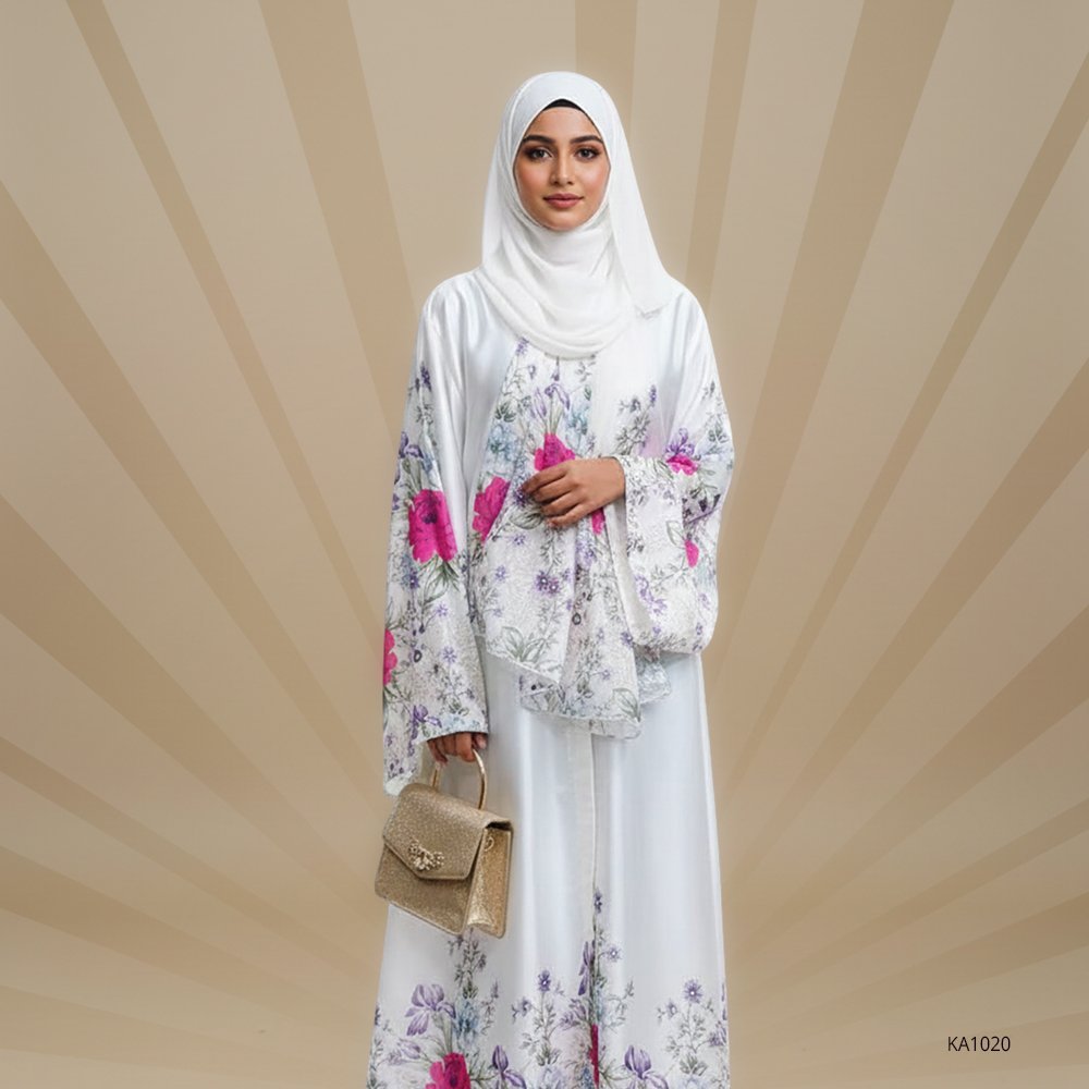 Noor Bloom White Silk Upper Style Abaya with Pink Floral Print & Matching Dupatta | Elegant Casual Wear for Women