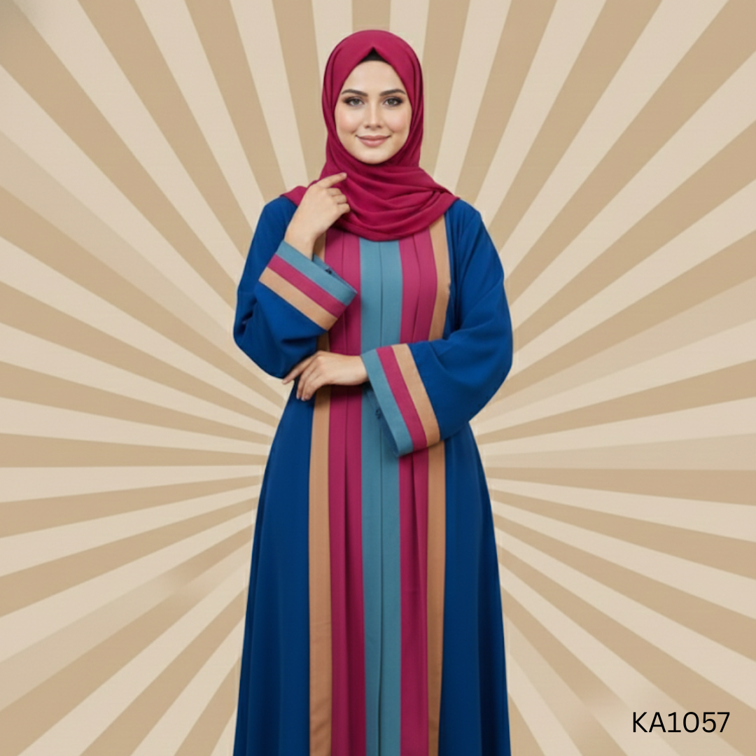 Color Harmony Abaya | Front Closed Georgette Abaya with Multi-Tone Teal, Maroon, Camel & Navy Blue Panels | Semi-Formal Modest Wear with Chiffon Hijab