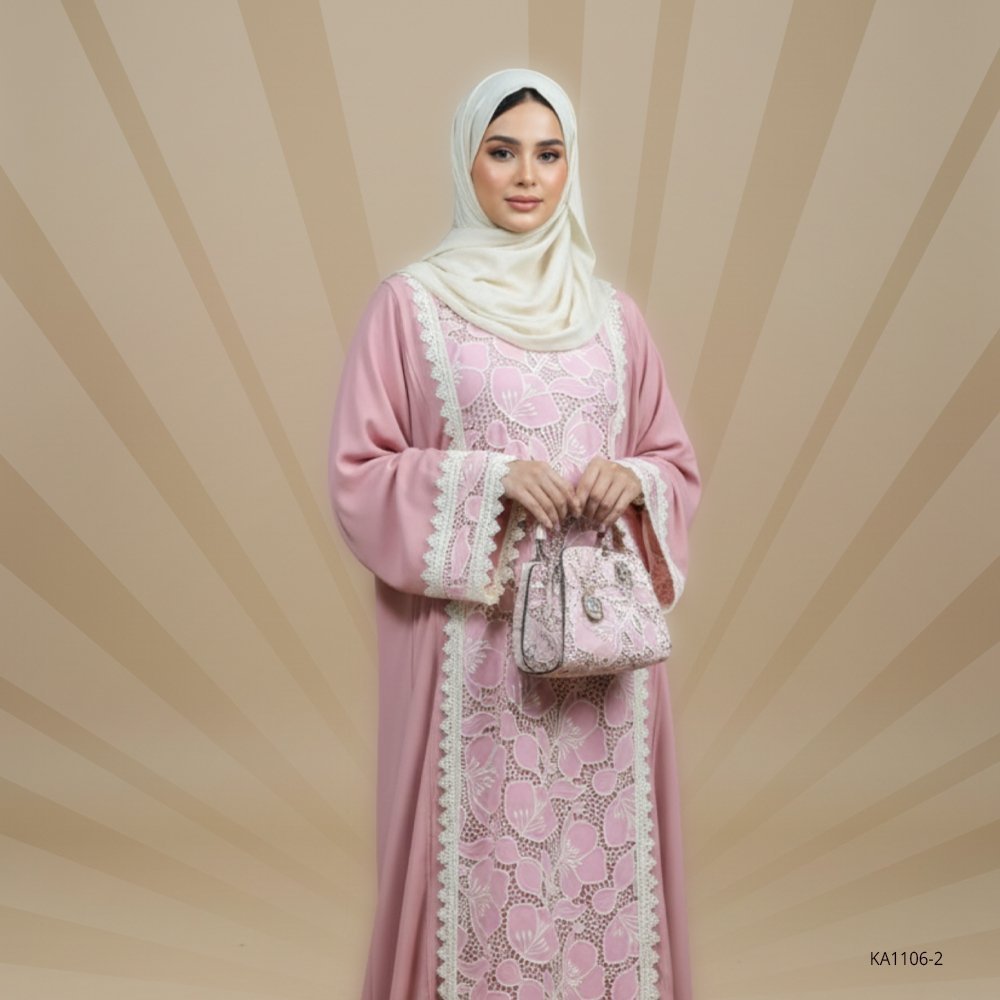 Elegant Pink Mist Front-Closed Georgette Abaya with Cutwork and Lace Detailing