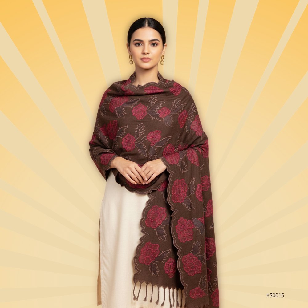 Brown Woolen Applique Shawl