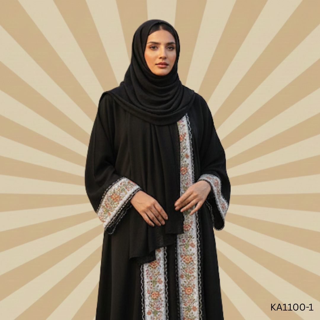 Elegant Floral Strip Black Abaya | Front Closed Semi-Formal Nida Fabric Abaya for Women | Modest Wear with Printed Pattis