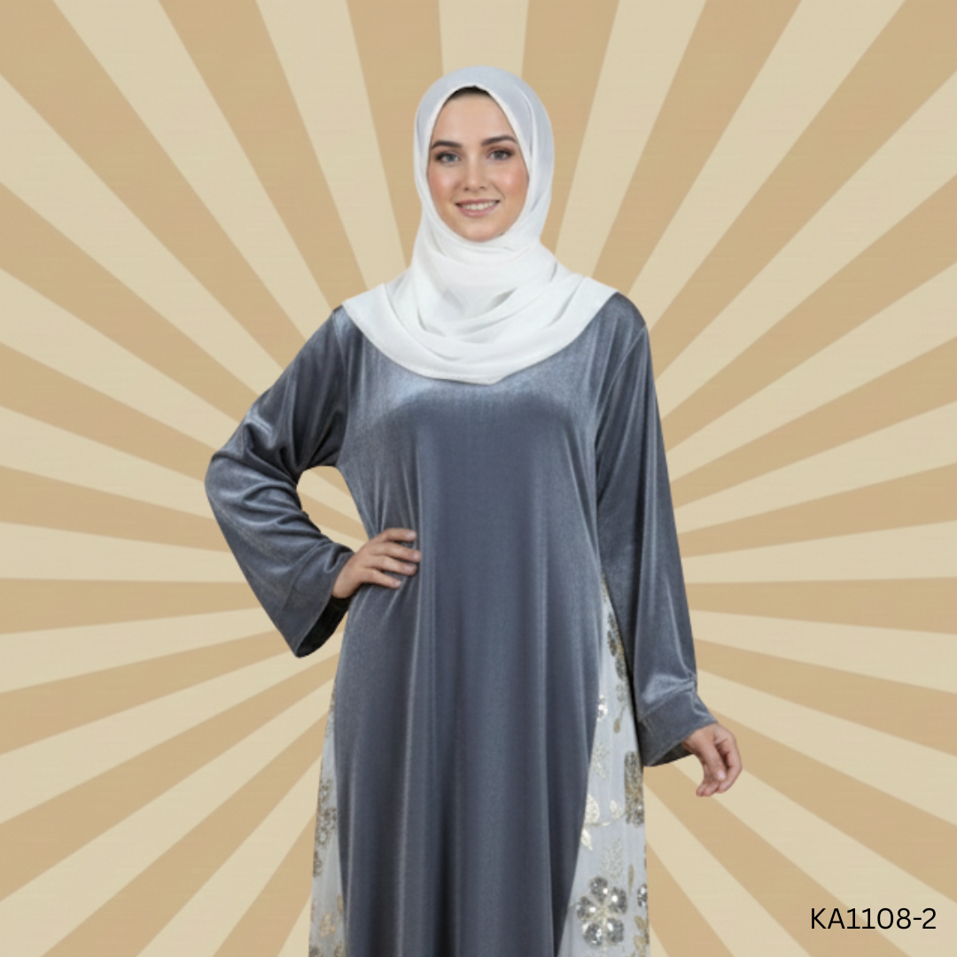 Sitara Smoky Silk Abaya | Front Closed Elegant Grey Abaya in Lava Silk with Embroidered Chiffon Panels