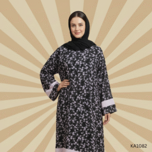 Modern Contrast A-Line Abaya in Black & Baby Pink | Premium Nida & Chiffon Fabric | Semi-Formal Floral Printed Abaya for Women