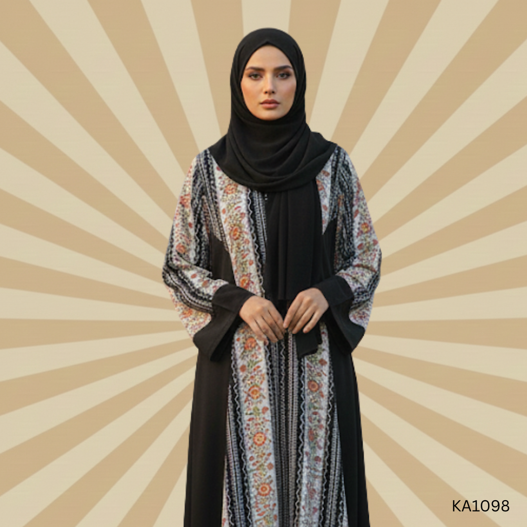 Noir Bloom Front Closed Abaya | Elegant Floral Print with Black Side Panels | Modest Casual Abaya for Women in Nida & Georgette Fabric