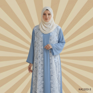 Frosted Sky Front Closed Abaya | Greyish Blue Georgette with White Cutwork Upper Layer