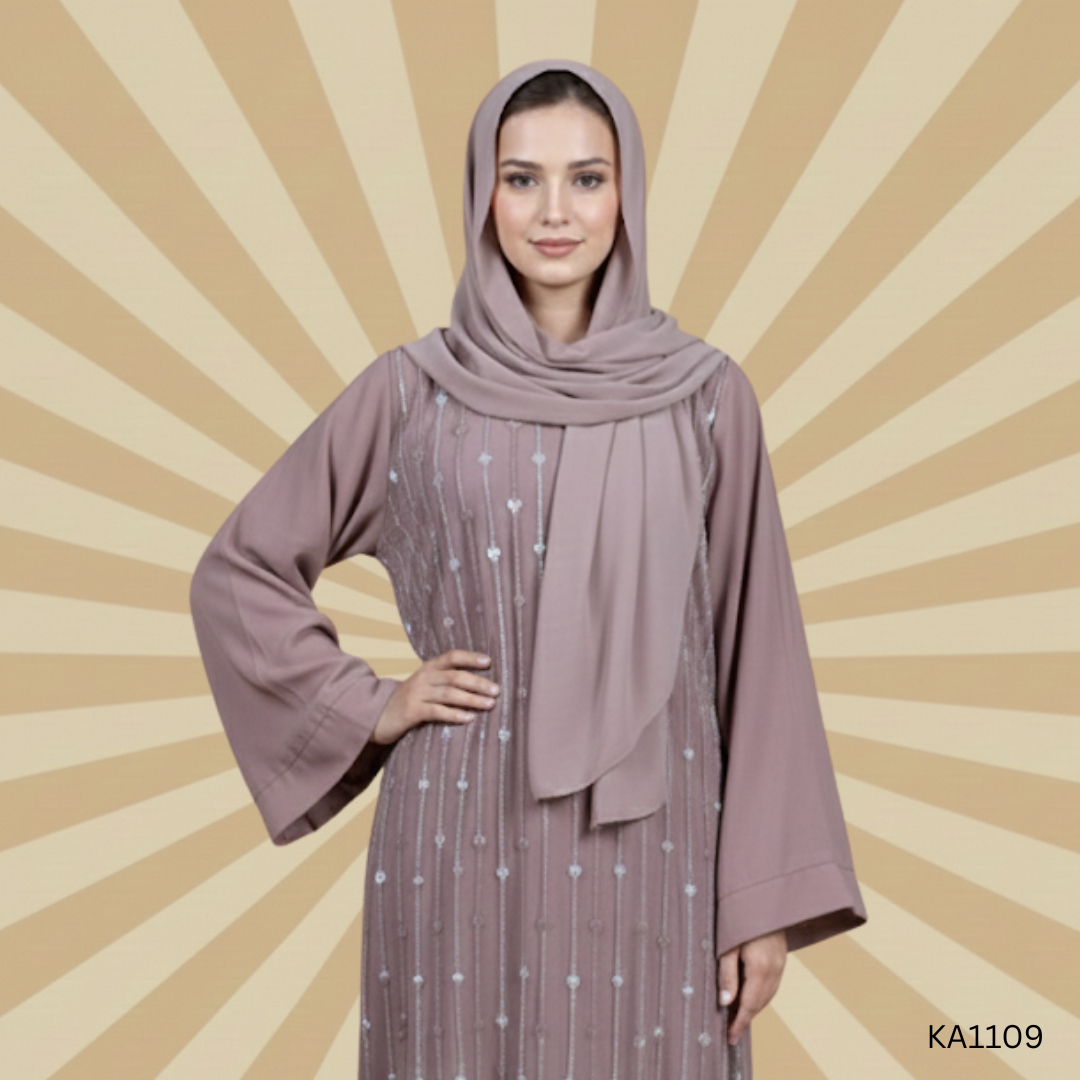 Crystal Sand Front Closed Embroidered Net Abaya | Fancy Stone-Embellished Skin Tone Abaya