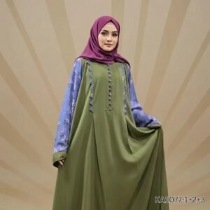 Zeenat Front-Closed Abaya | Mehndi Green Georgette Abaya with Printed Purple Sleeves | Semi-Formal Modest Wear