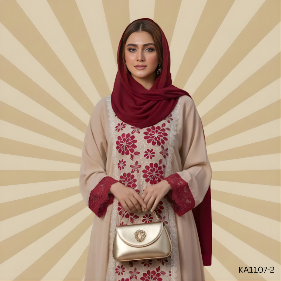 Cream Dust Abaya | Front Closed Elegant Grip Fabric Abaya with Off-White Cutwork and Lace Detailing