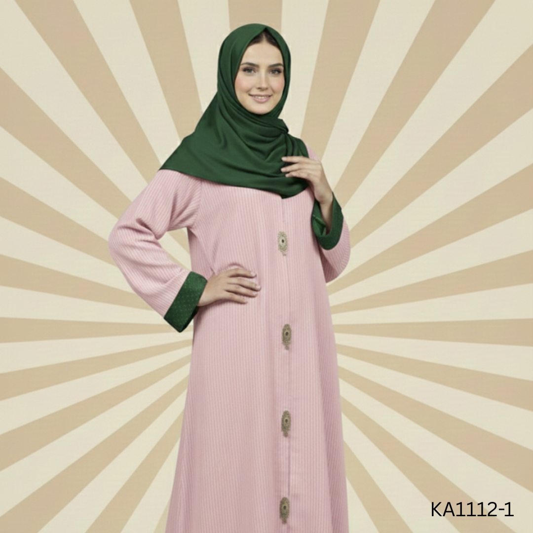 Royal Sheen Peach Abaya | Front Open Striped Silk Abaya with Fancy Button & Sheesha Silk Sleeve Detailing | Elegant Fancy Abaya for Festive Wear