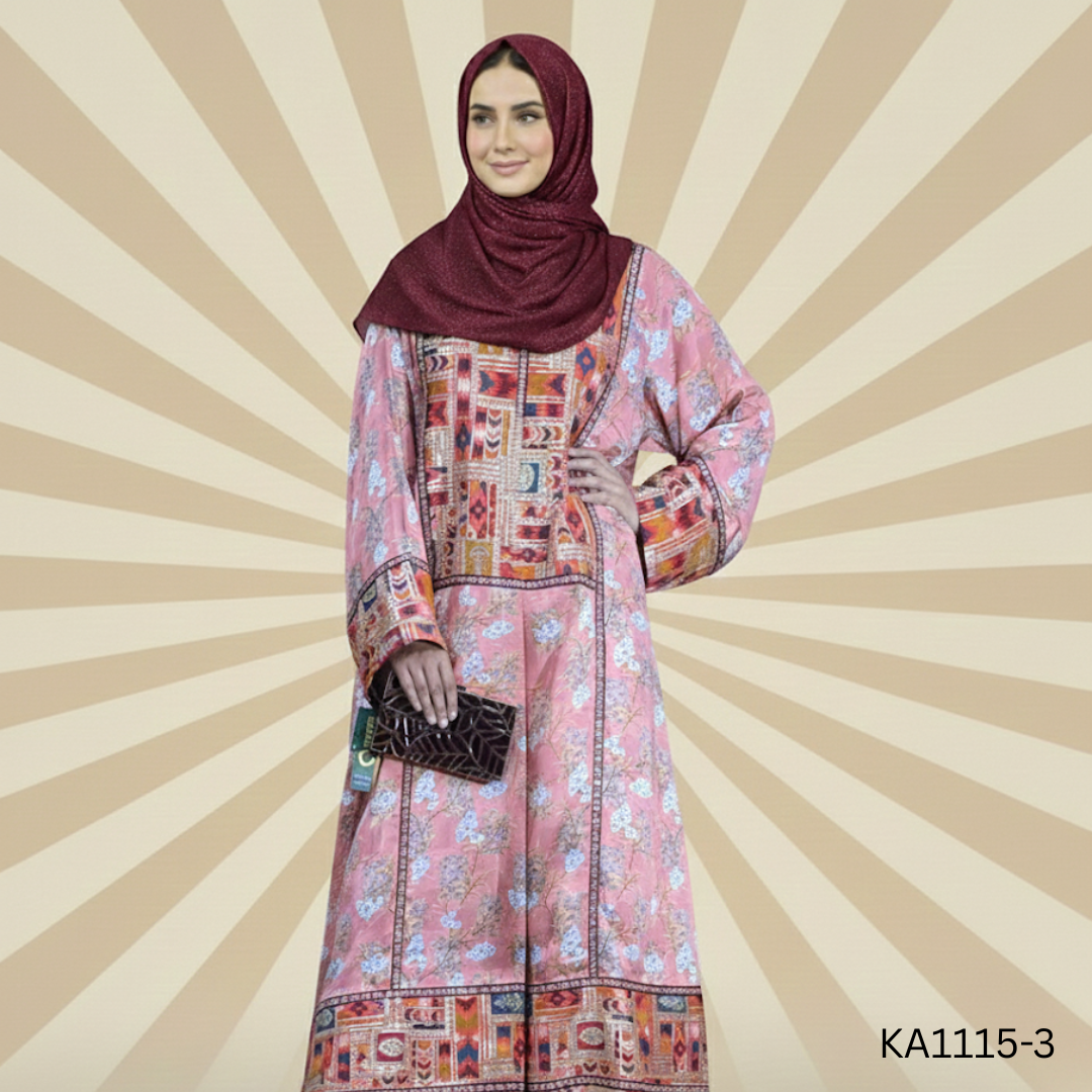 Amber Peach Silk Abaya | Front Closed Printed Silk Abaya with Raw Silk Motifs & Lace Detailing | Elegant Fancy Abaya for Festive & Formal Wear