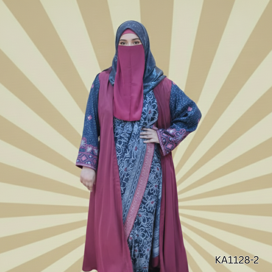 Rose Radiance Abaya | Saree-Style Chiffon Chunri Saree with Deep Crimson Georgette Upper & Embroidered Sleeves | Festive Semi-Formal Wear