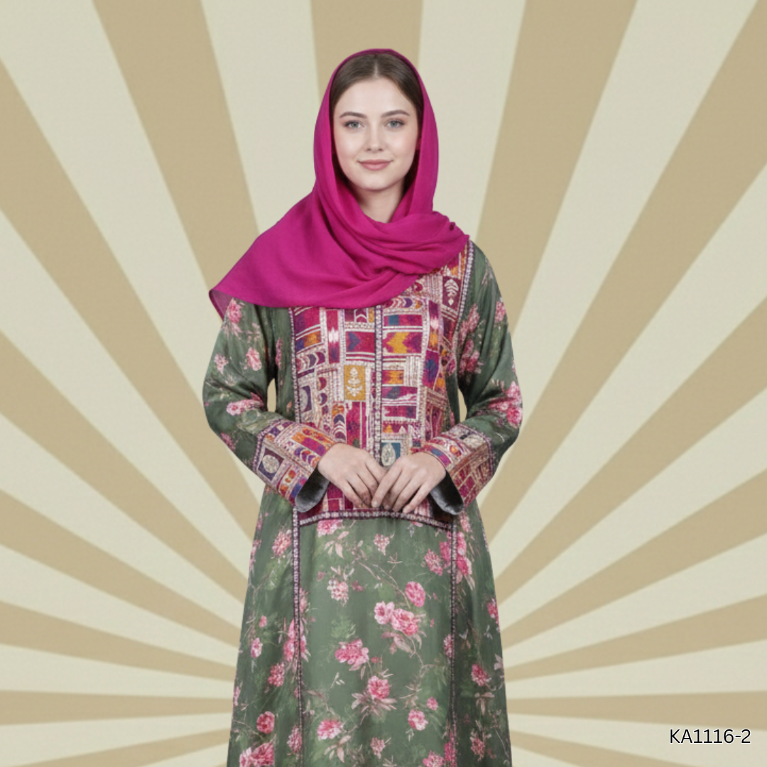 Amber Leaf-Green & Pink Silk Abaya | Front Closed Printed Silk Abaya with Raw Silk Motifs & Lace Detailing | Elegant Fancy Abaya for Festive Wear